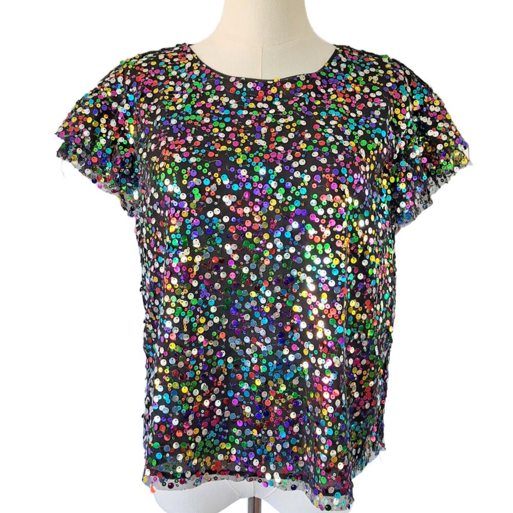 by ANTHROPOLOGIE Pamela Sequin Top Small Black Multicolor Party Sparkle Glam - Picture 2 of 13